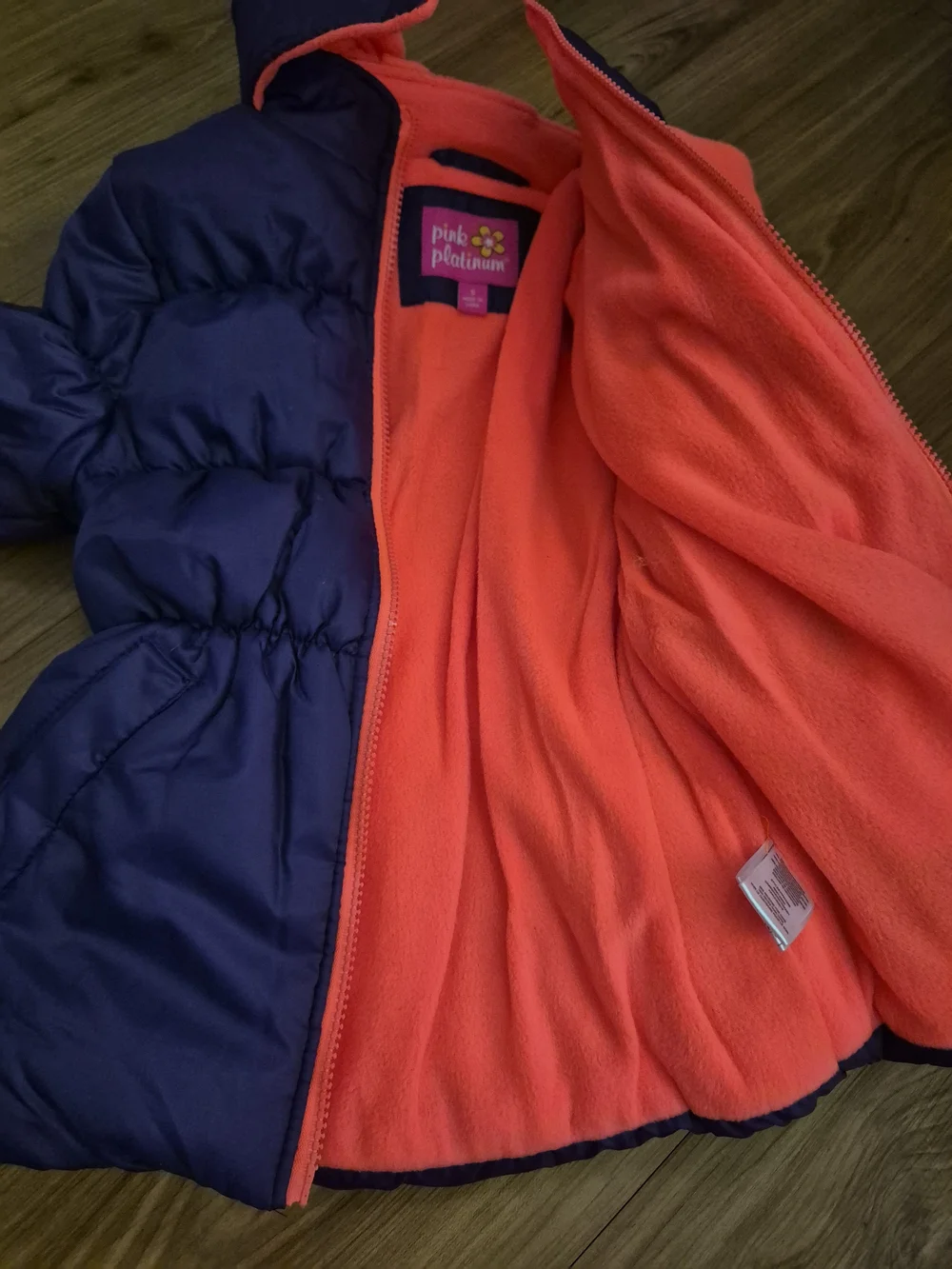NWT Pink Platinum Kid's Navy Puffer Coat with Hood Orange Lining